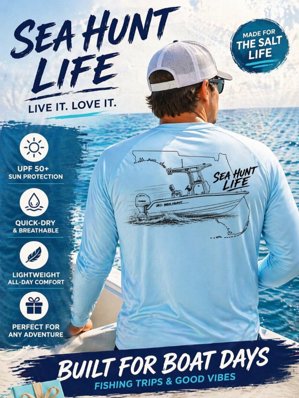 Sea Hunt Boat Fishing Long Sleeve Tee UPF 50 Shirt Florida Angler UV Protection